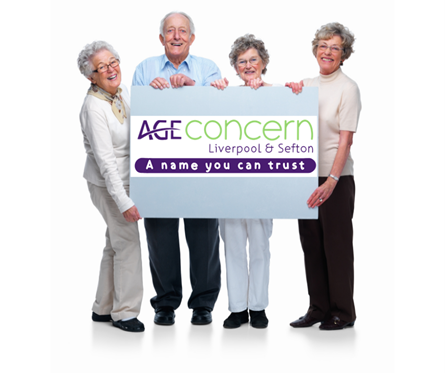 Four elderly people holding the Age Concern Liverpool and Sefton logo 